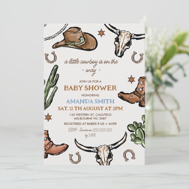 Invitación Western Brown Cowboy Baby Shower (Anverso de pie)