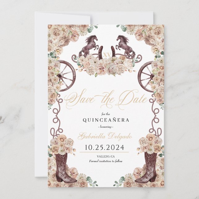 Invitación Western Champagne Gold Save The Date Quinceañera (Anverso)