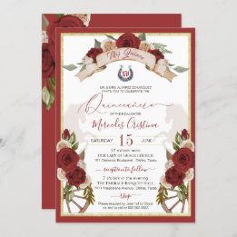 Invitación Western Charro Rojo Roses Caballos Florales Quince
