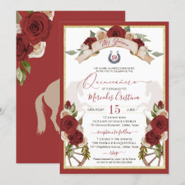 Invitación Western Charro Rojo Roses Caballos Florales Quince
