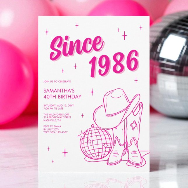 Invitación Western Country Pink Disco 40.º Fiesta de cumpleañ (Western Country Pink Disco 40th Birthday Party Invitation)