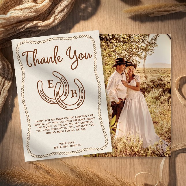 Invitación Western Cowboy Rope Horseshoe Photo Thank You Card (Subido por el creador)