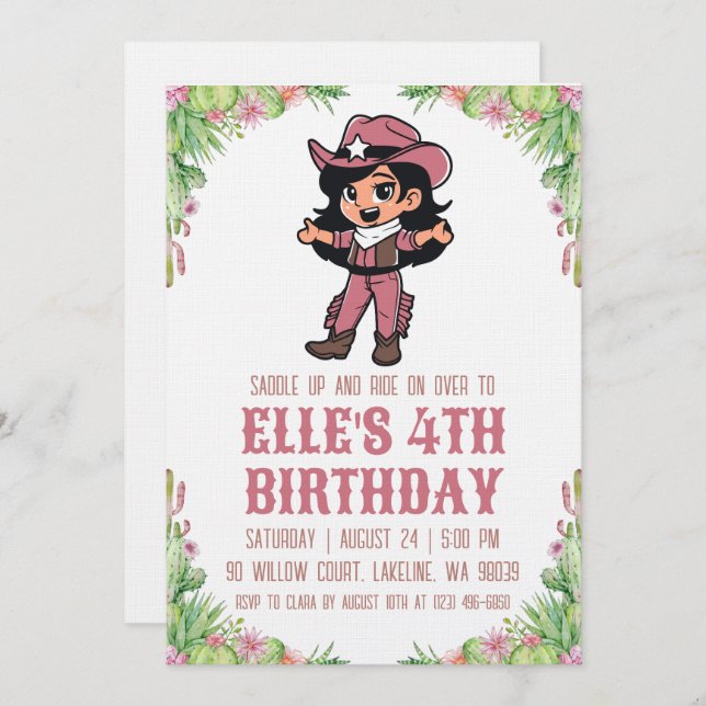 Invitación western cowgirl birthday invitations (Anverso / Reverso)
