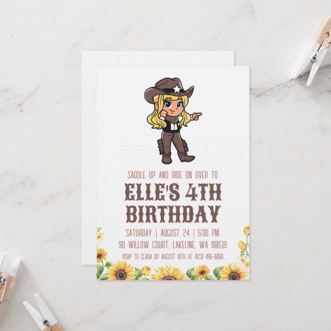 Invitación western cowgirl birthday invitations (Anverso/Reverso In Situ)