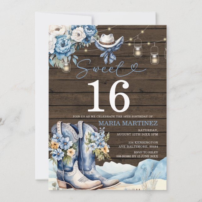 Invitación Western Cowgirl Blue Floral Wood Sweet 16 Cumpleañ (Anverso)