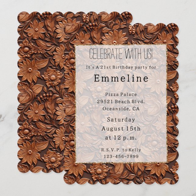 Invitación Western Cowgirl Brown Flauteather Faux Leather (Anverso / Reverso)