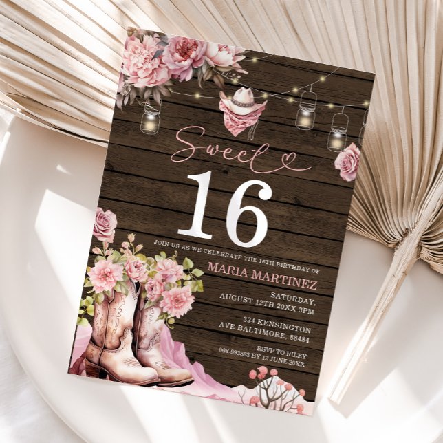 Invitación Western Cowgirl Pink Floral Wood Sweet 16 Cumpleañ (Subido por el creador)