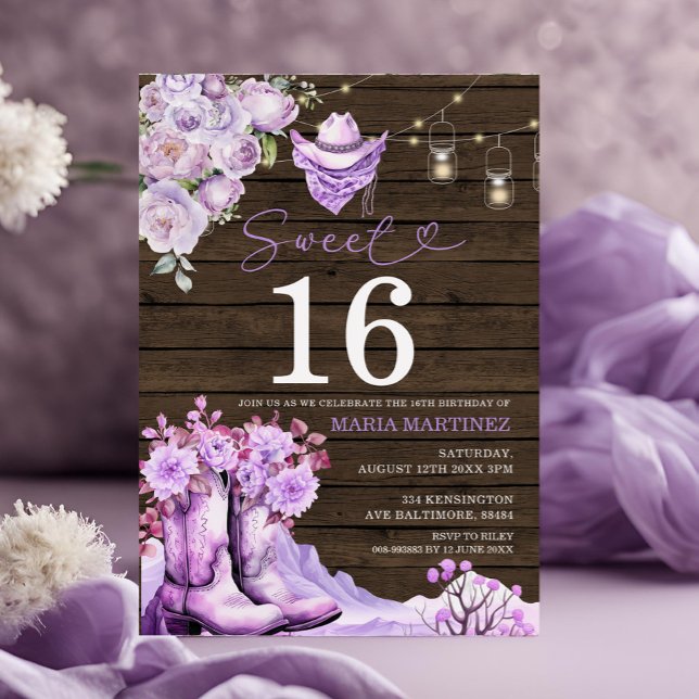Invitación Western Cowgirl Purple Wood Sweet 16 Cumpleaños (Subido por el creador)