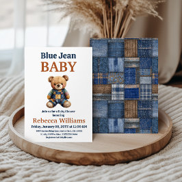 Invitación Western Denim Patchwork Bear Blue Jean Baby Shower