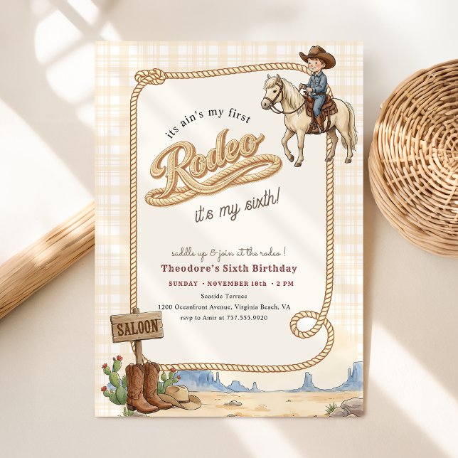 Invitación Western Desert Boy Plaid Cowboy Rodeo 6th Birthday (Subido por el creador)