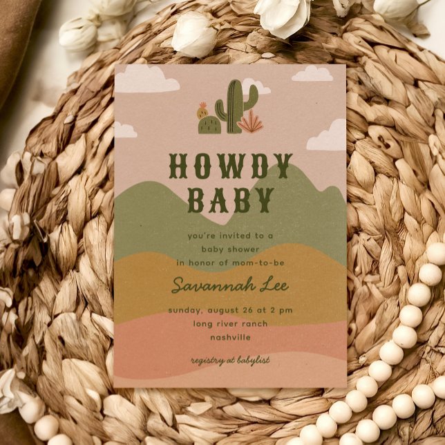 Invitación Western Desert Cactus Howdy Baby Shower (Desert-themed baby shower invitation with cute cacti illustrations)