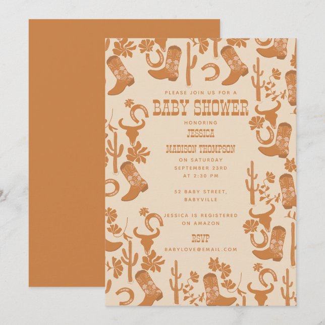 Invitación Western Earth Tone Country Boots Baby Shower (Anverso / Reverso)