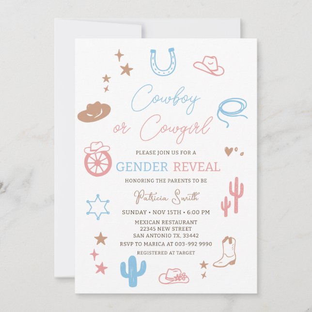 Invitación Western Gender Reveal Cowboy or Cowgirl  (Anverso)
