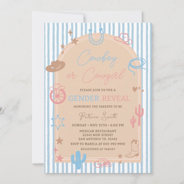 Invitación Western Gender Reveal Cowboy or Cowgirl Stripe (Anverso)