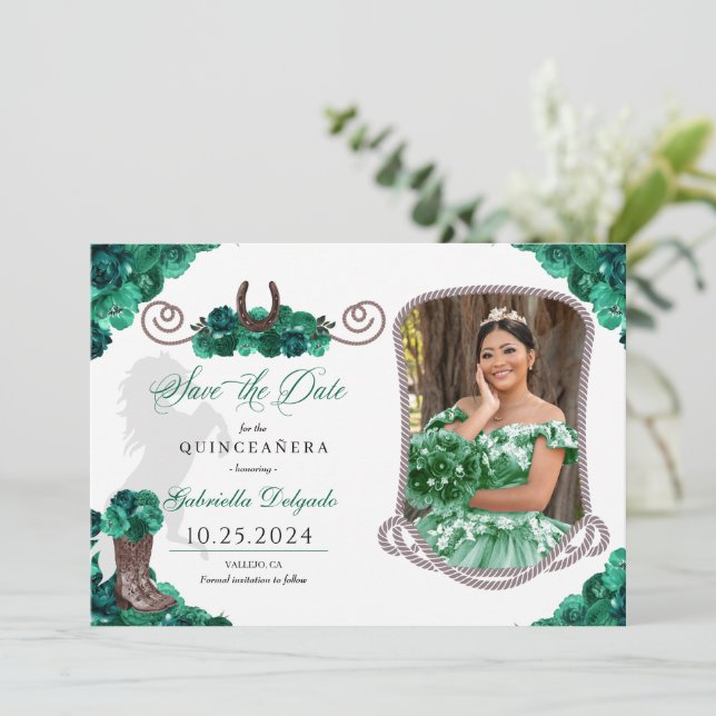 Invitación Western Green Quinceañera Save The Date Foto (Anverso de pie)
