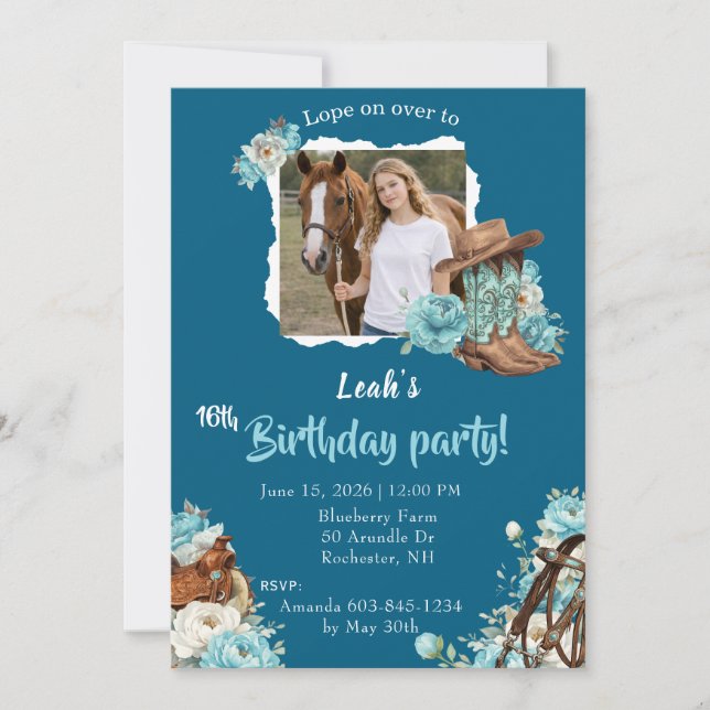 Invitación Western Horse Floral Birthday Invitation – Navy (Anverso)