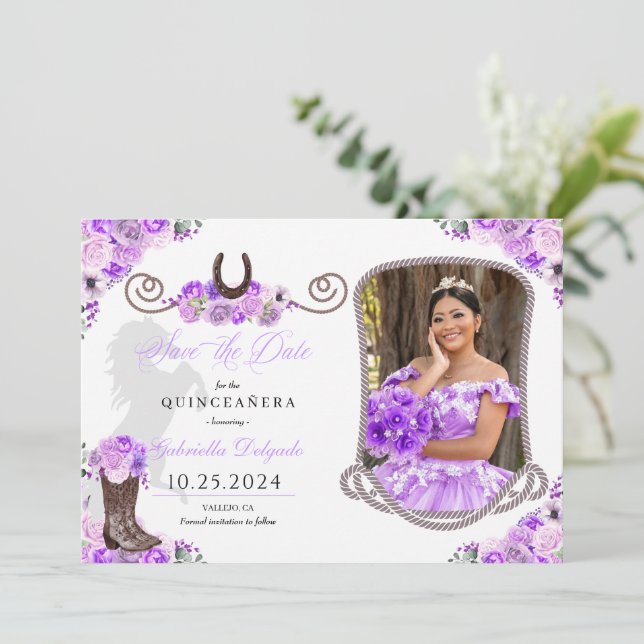 Invitación Western Lilac Quinceañera Salven La Foto De La Fec (Anverso de pie)