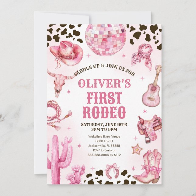 Invitación Western Rodeo Cowgirl First Rodeo 1st Birthday (Anverso)