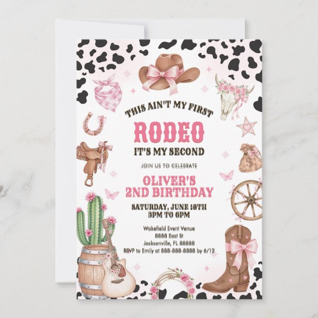 Invitación Western Rodeo Cowgirl Second Rodeo 2nd Birthday (Anverso)