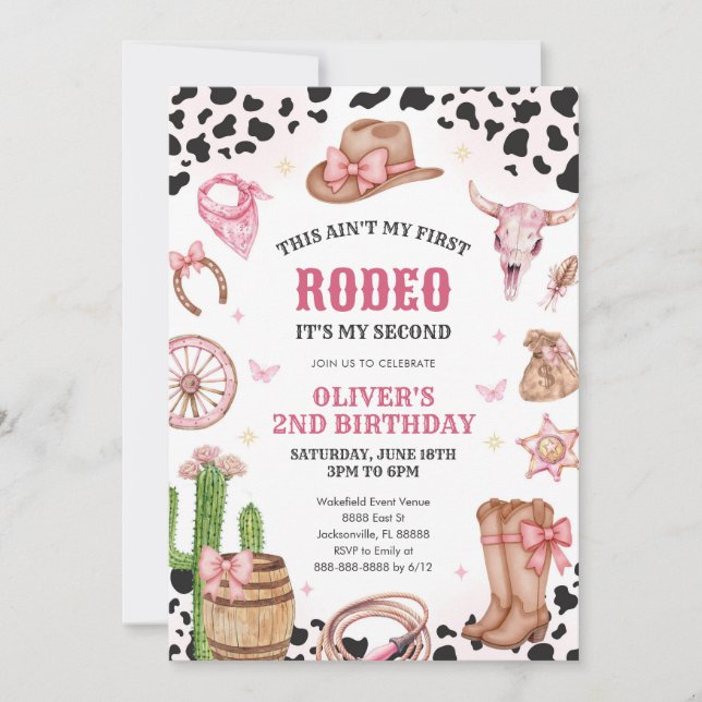 Invitación Western Rodeo Cowgirl Second Rodeo 2nd Birthday (Anverso)