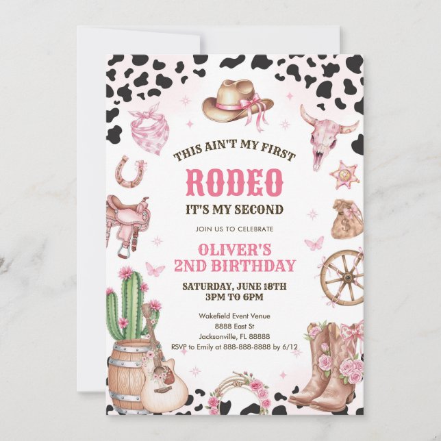 Invitación Western Rodeo Cowgirl Second Rodeo 2nd Birthday (Anverso)
