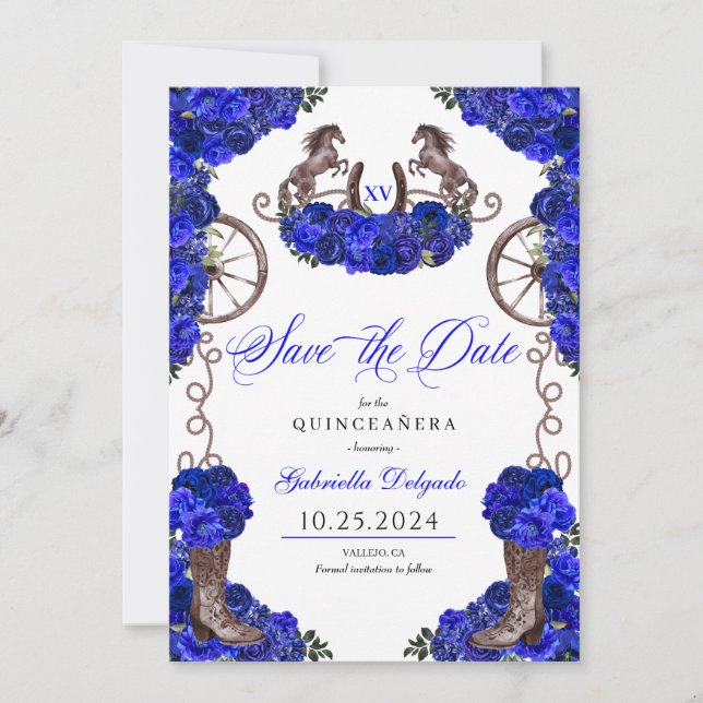 Invitación Western Royal Blue Save The Date Quinceañera (Anverso)