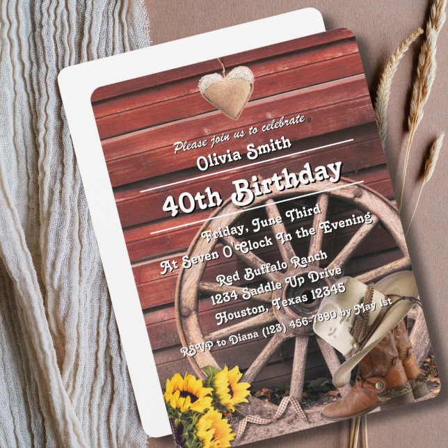 Invitación Western Rustic Cowgirl Boots Hat Sunflower 40th (Subido por el creador)