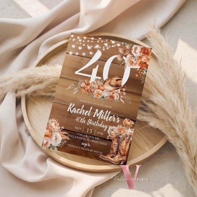 Invitación Western Rustic Dried Flower Hat Boots Birthday (Subido por el creador)