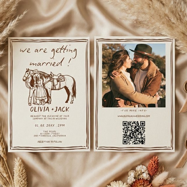 Invitación Western Rustic Hand Drawn Photo QR Code Wedding (Subido por el creador)