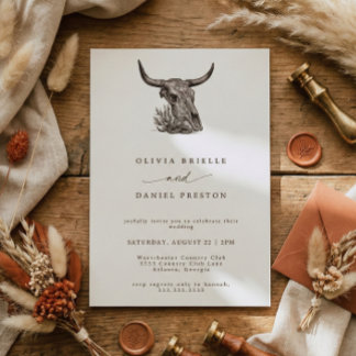 Invitación Western Rustic Pampas Grass Boho Cow skull Wedding
