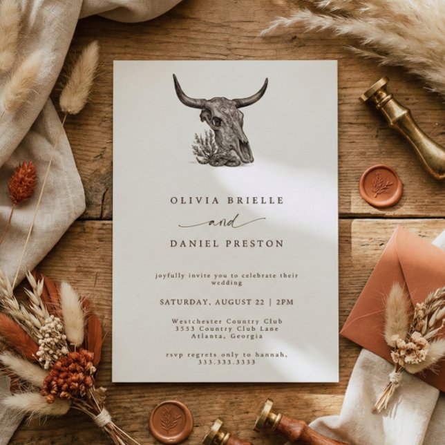 Invitación Western Rustic Pampas Grass Boho Cow skull Wedding (Subido por el creador)