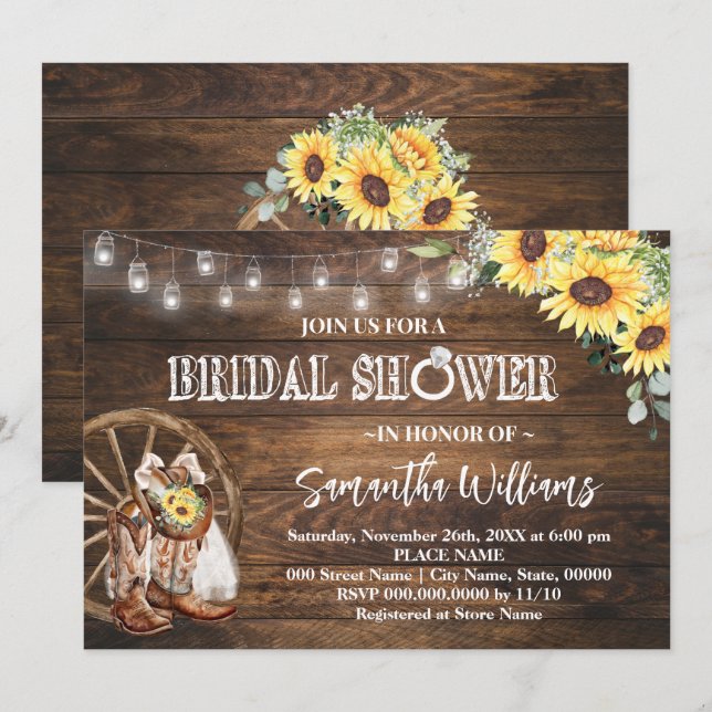 Invitación Western Sunflower Bridal Shower Country Wedding (Anverso / Reverso)