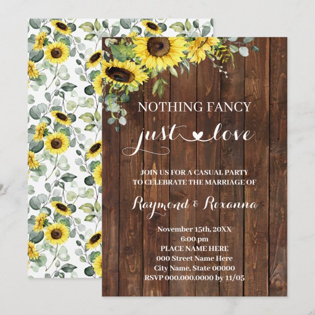 Invitación Western Sunflower Nothing Fancy just Love Boda (Anverso / Reverso)