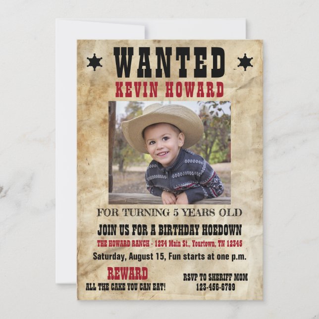 Invitación Western Wanted Birthday (Anverso)