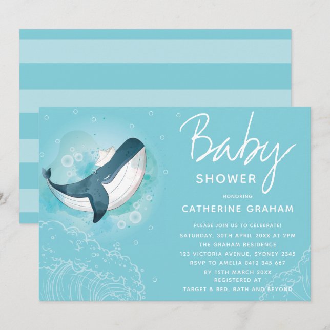 Invitación Whale Baby Shower Blue (Anverso / Reverso)