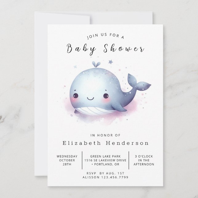 Invitación Whale Baby Shower, Personalizado de Whimsy (Anverso)