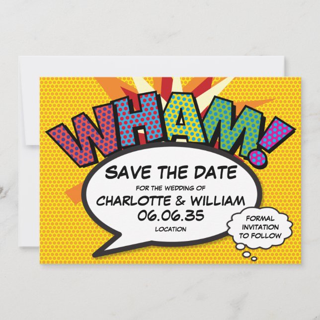 Invitación WHAM Diviértanse Guardando la Fecha Arte Pop de Có (Anverso)