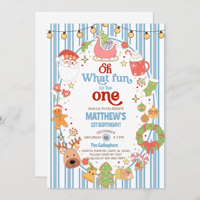 Invitación What fun to be One boy 1st birthday invite. (Anverso / Reverso)