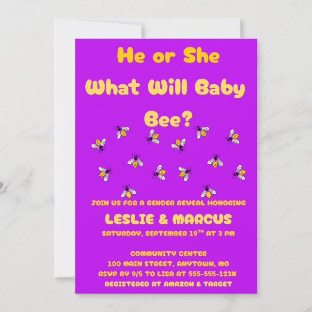 Invitación What Will Baby Bee Gender Reveal (Anverso)