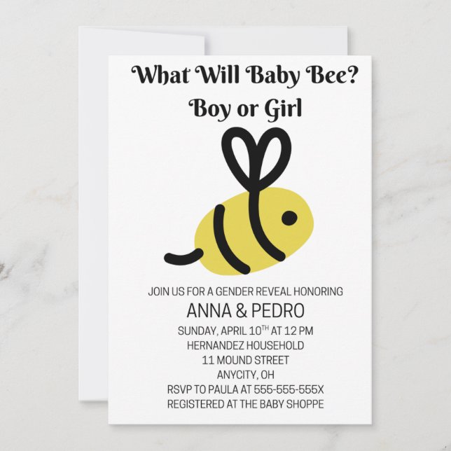 Invitación What Will Baby Bee Gender Reveal (Anverso)