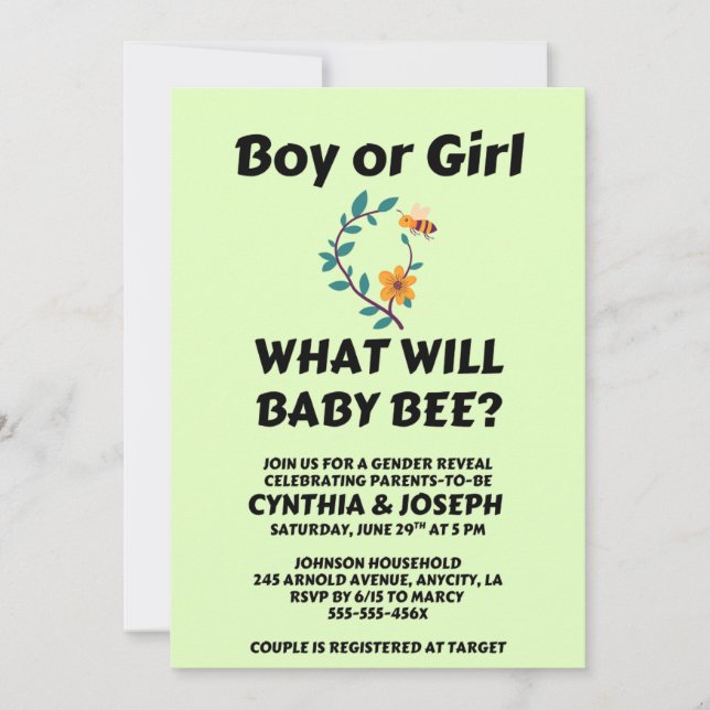 Invitación What Will Baby Bee gender reveal party (Anverso)