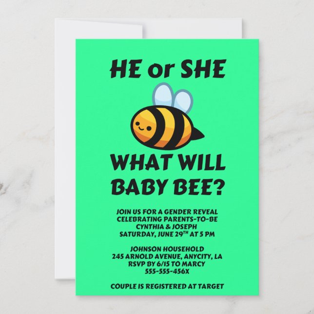Invitación What Will Baby Bee gender reveal party (Anverso)
