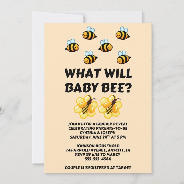 Invitación What Will Baby Bee gender reveal party (Anverso)