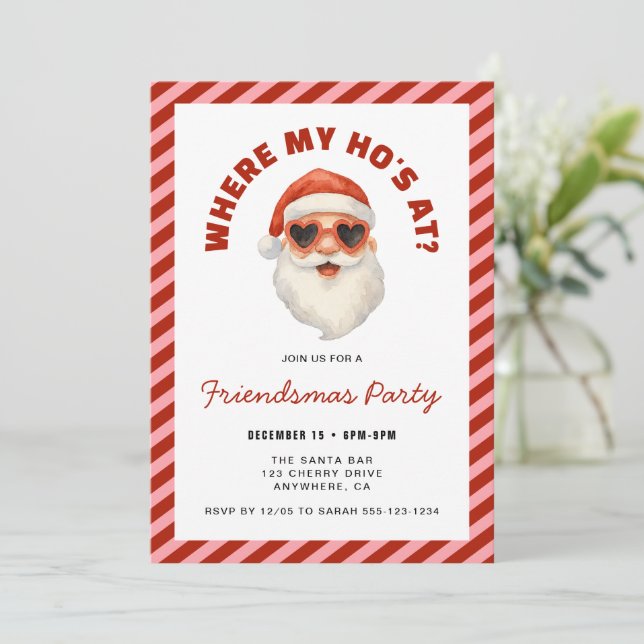 Invitación Where My Hos At Santa Friendsmas Party (Anverso de pie)