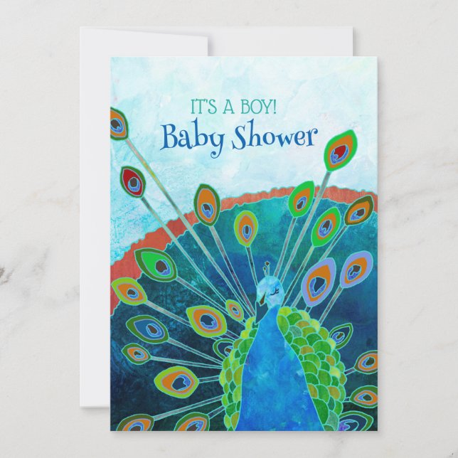 Invitación Whimby Blue Peacock Baby Boy Shower (Anverso)
