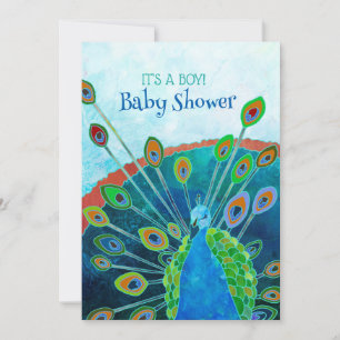 Invitación Whimby Blue Peacock Baby Boy Shower