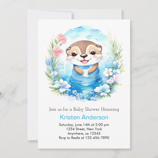 Invitación Whimby Blue Watercolor Otter Boy Baby Shower (Anverso)