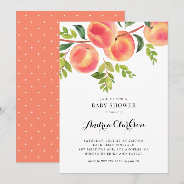 Invitación Whimch Watercolor Peaches Summer Baby Shower (Anverso / Reverso)