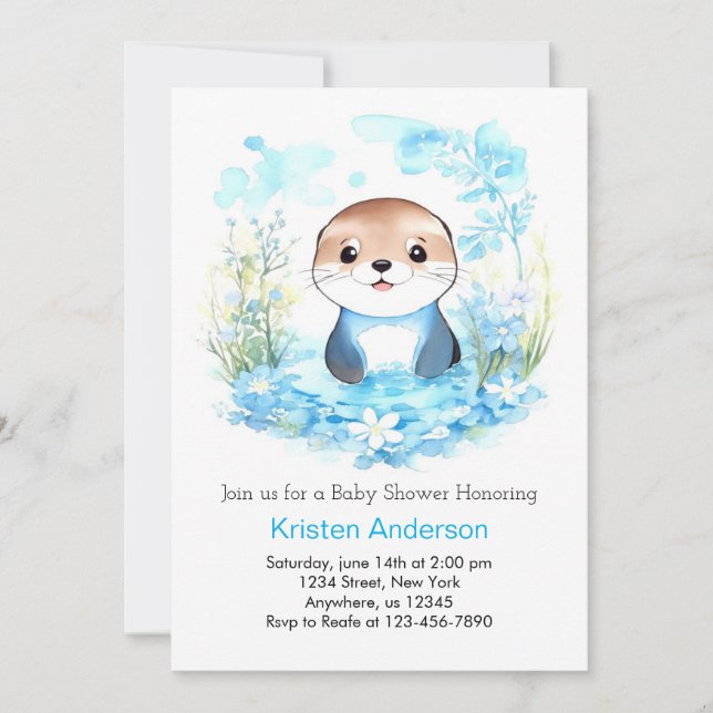 Invitación Whimical Blue Otter Watercolor Boy Baby Shower (Anverso)