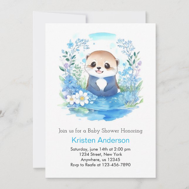 Invitación Whimical Blue Otter Watercolor Boy Baby Shower (Anverso)